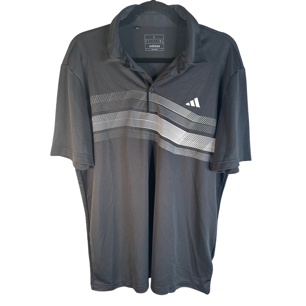 Adidas Mens Black Graphic Stripe Short Sleeve Performance Golf Polo Shirt Large